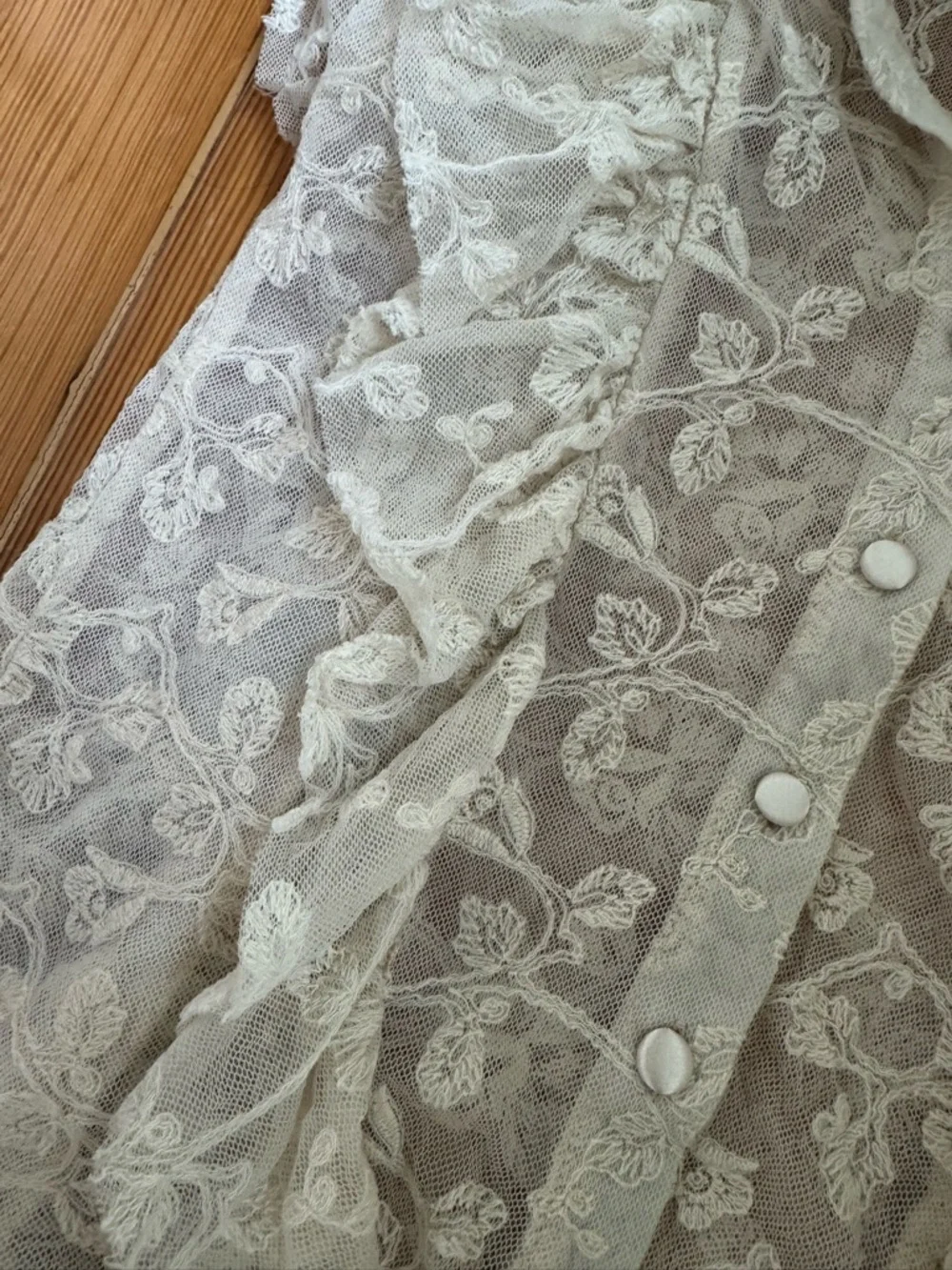 Ryu Cream Sheer Lace Ruffle Button-Front Top - Picture 2 of 5